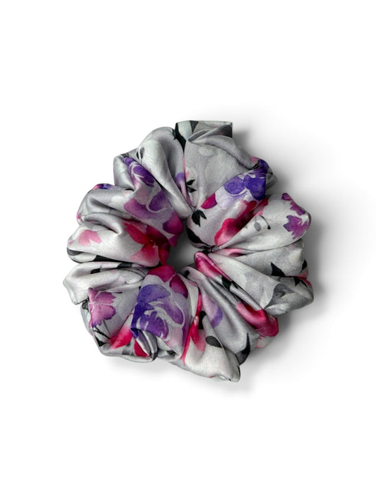 Moonlit Bloom | Grey Floral Satin Scrunchie