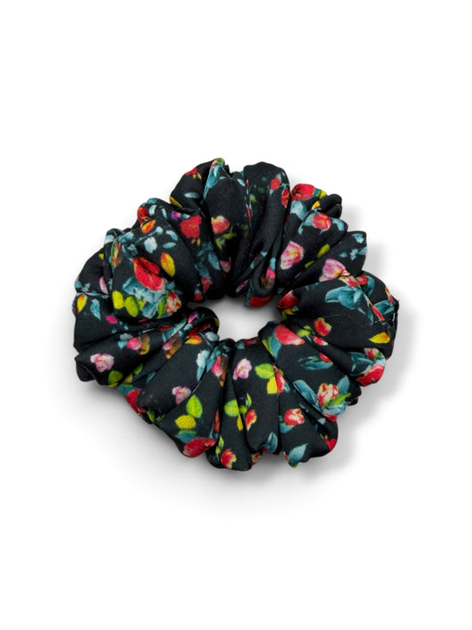 Dark Garden | Black Floral Satin Scrunchie