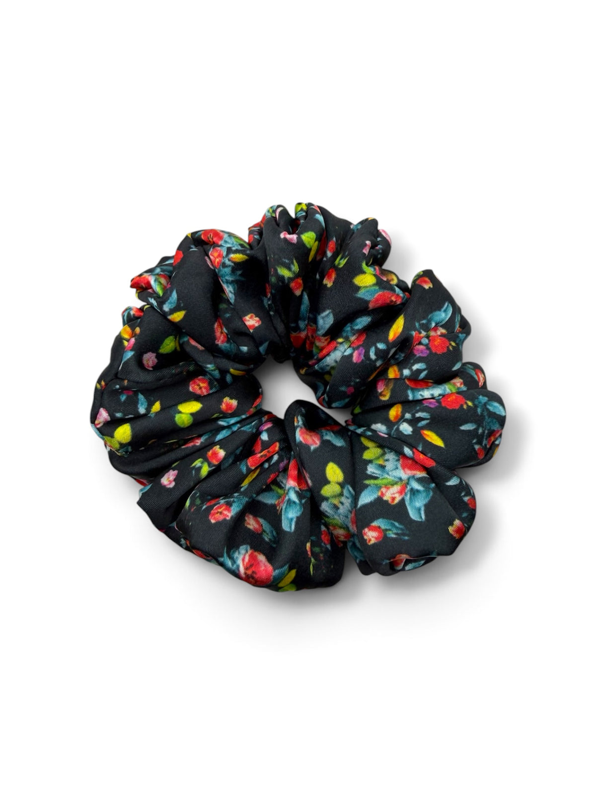 Dark Garden | Black Floral Satin Scrunchie