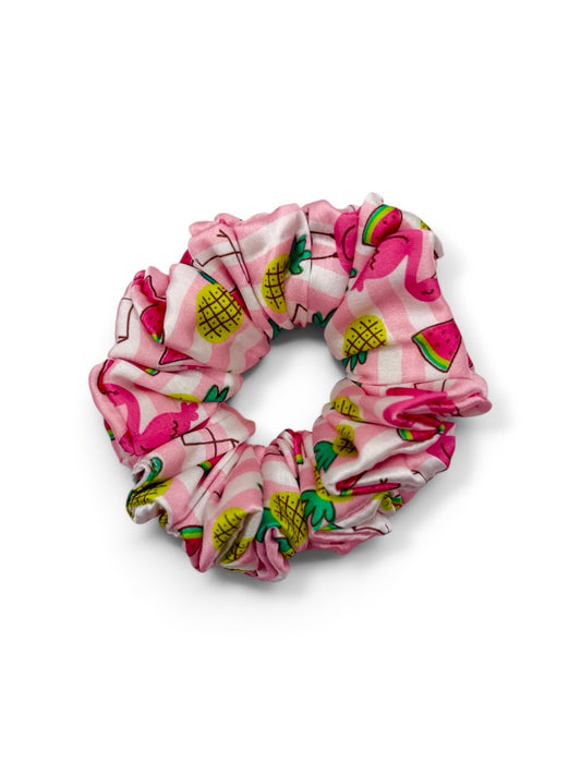 Flamingo Party kids flamingo tropical print satin hair scrunchie handmade by The Hairloom Co. Canberra Australia