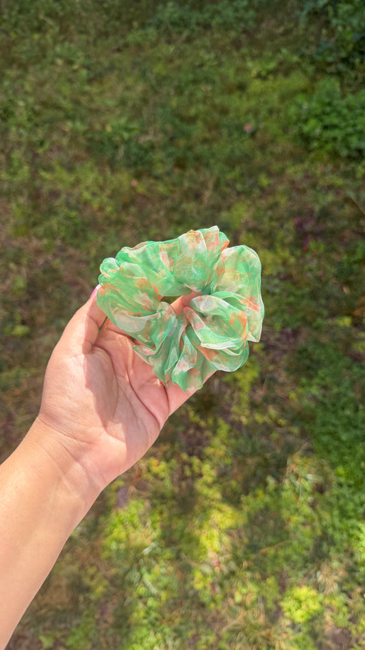 Garden Bloom | Green Floral Organza Scrunchie