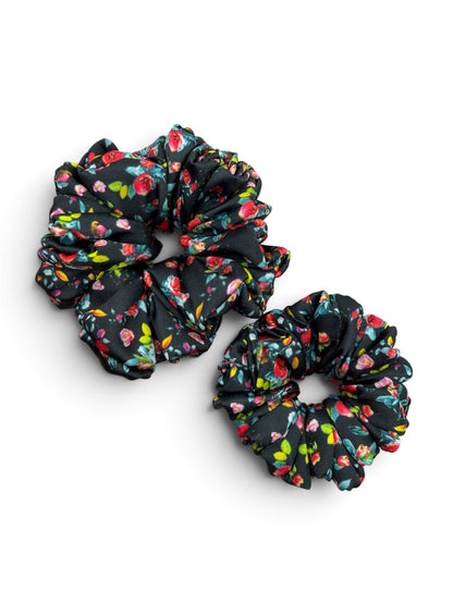 Dark Garden | Black Floral Satin Scrunchie