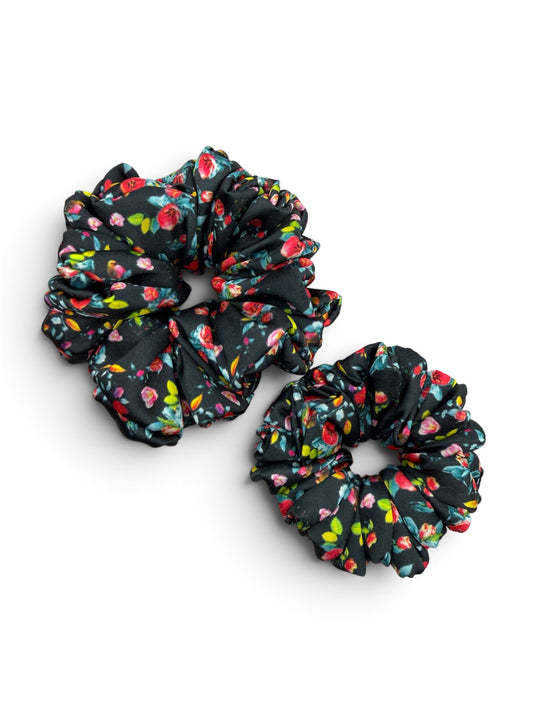 Dark Garden | Black Floral Satin Scrunchie