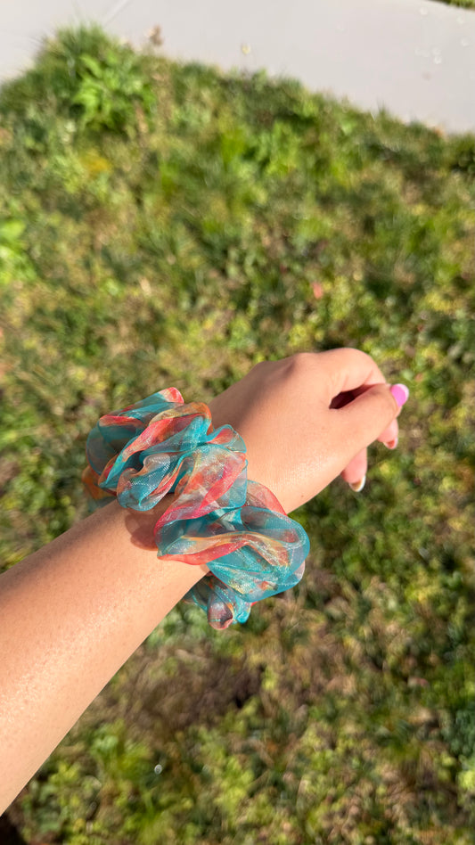 Tropical Bloom | Teal Floral Organza Scrunchie