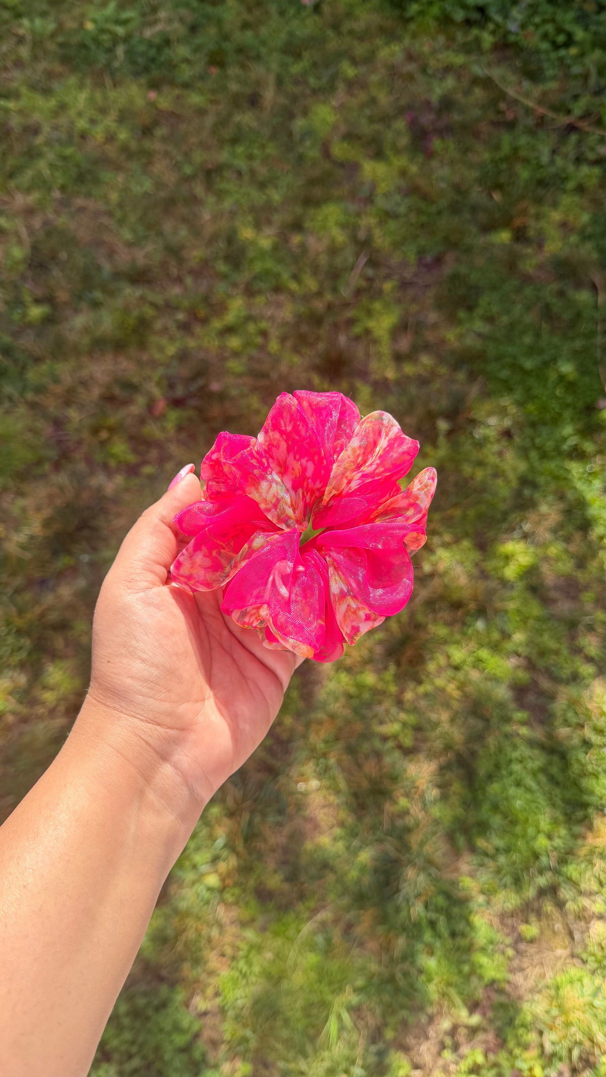 Peony pink floral organza scrunchie handmade by The Hairloom Co. Canberra Australia
