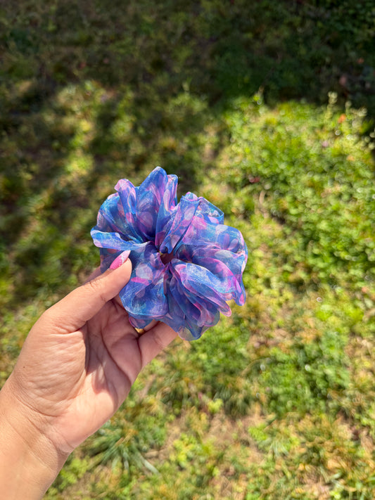 Wisteria blue floral organza scrunchie handmade by The Hairloom Co. Canberra Australia