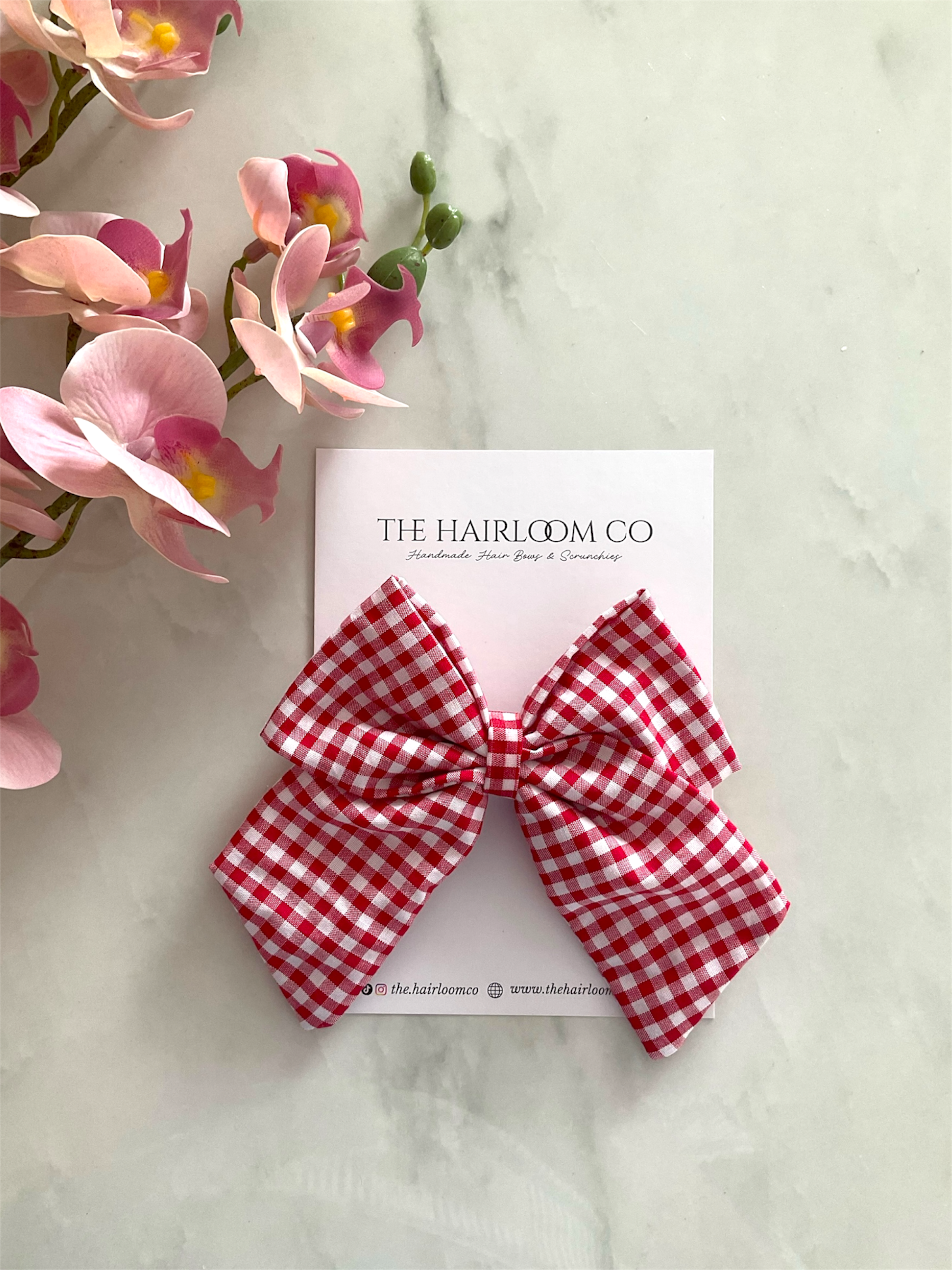Ruby Picnic red and white gingham sailor hair bow in cotton with alligator clip — handmade by The Hairloom Co. Canberra Australia