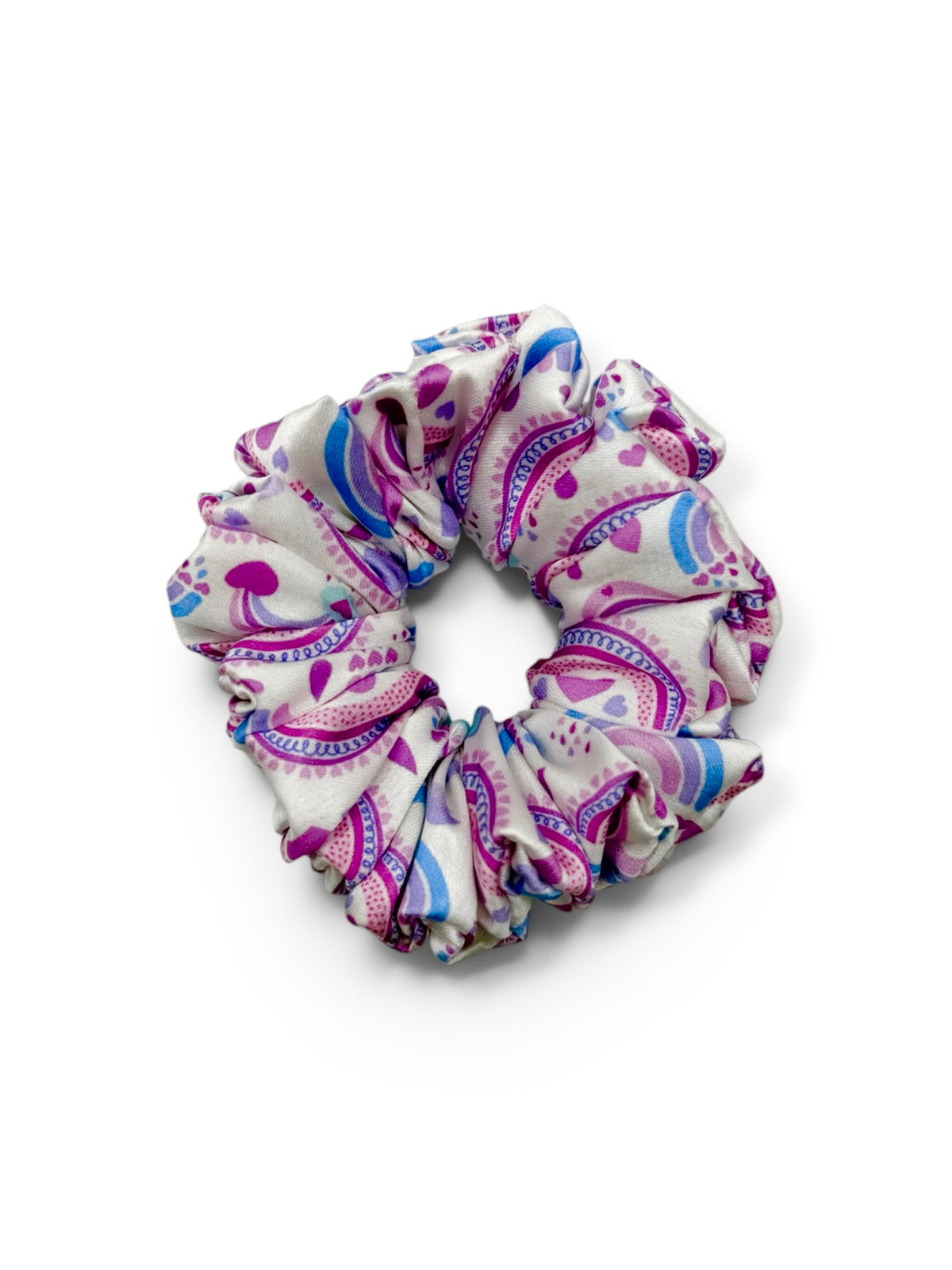 Rainbow Wishes kids rainbow print satin hair scrunchie handmade by The Hairloom Co. Canberra Australia