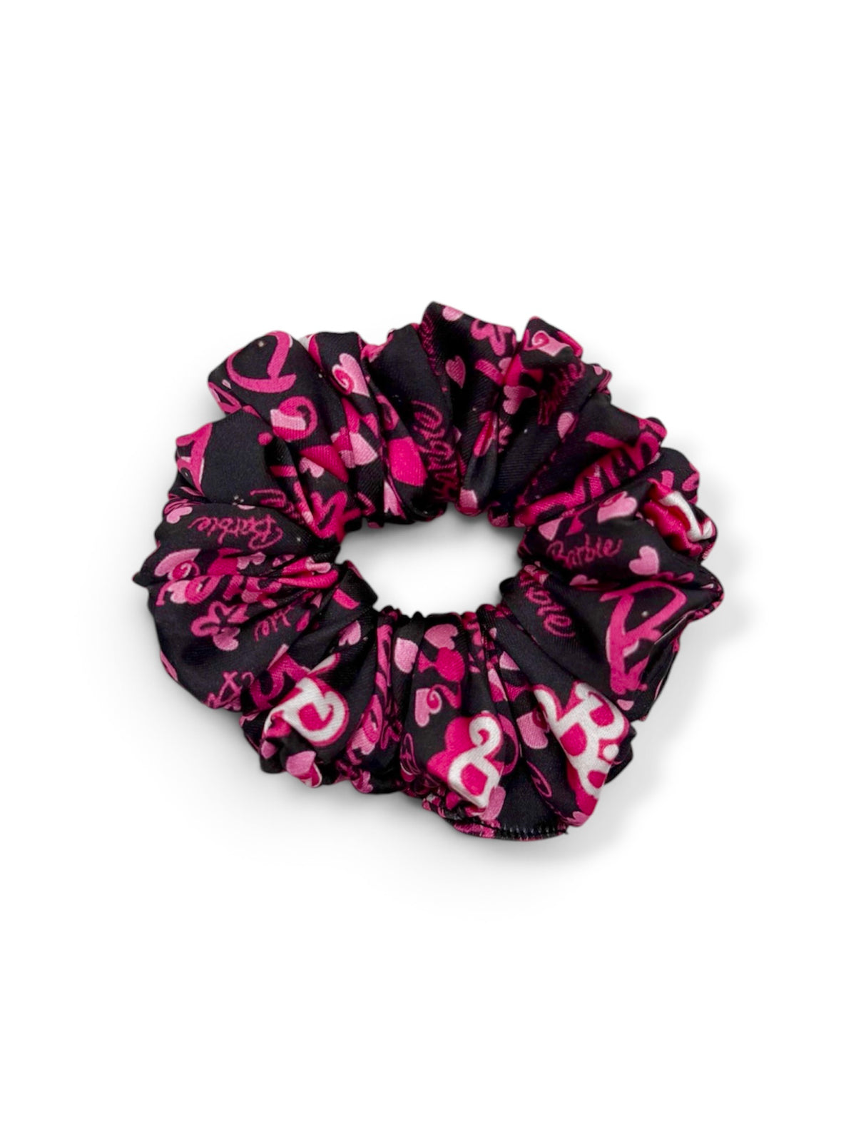 Doll Dreams kids pink doll print satin hair scrunchie handmade by The Hairloom Co. Canberra Australia