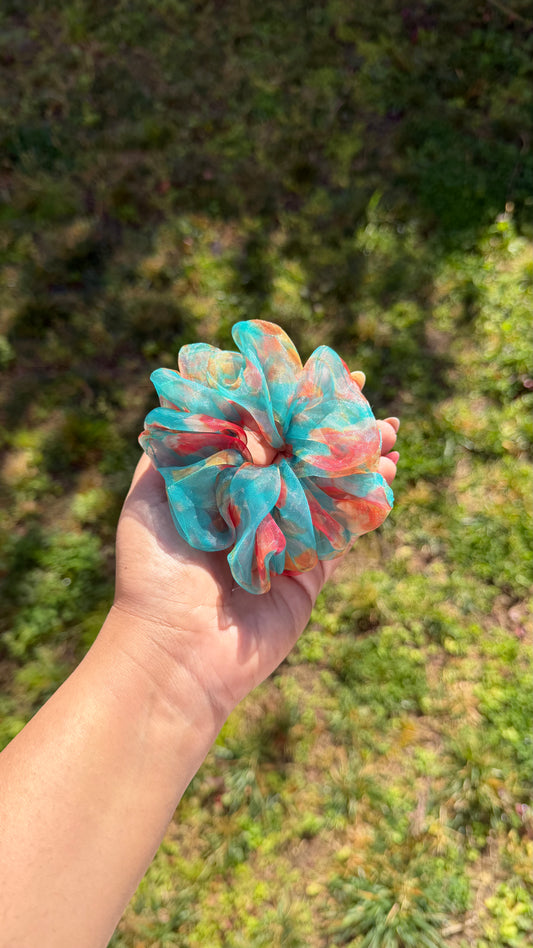 Tropical Bloom | Teal Floral Organza Scrunchie