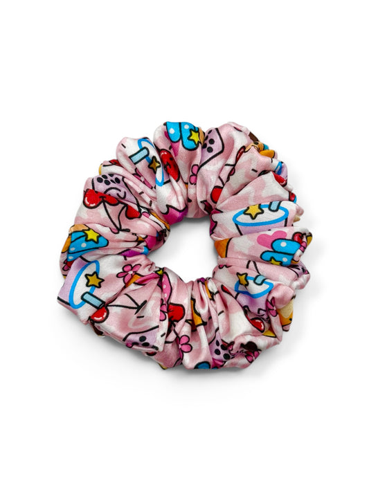 Sugar Rush kids kawaii food print satin hair scrunchie handmade by The Hairloom Co. Canberra Australia