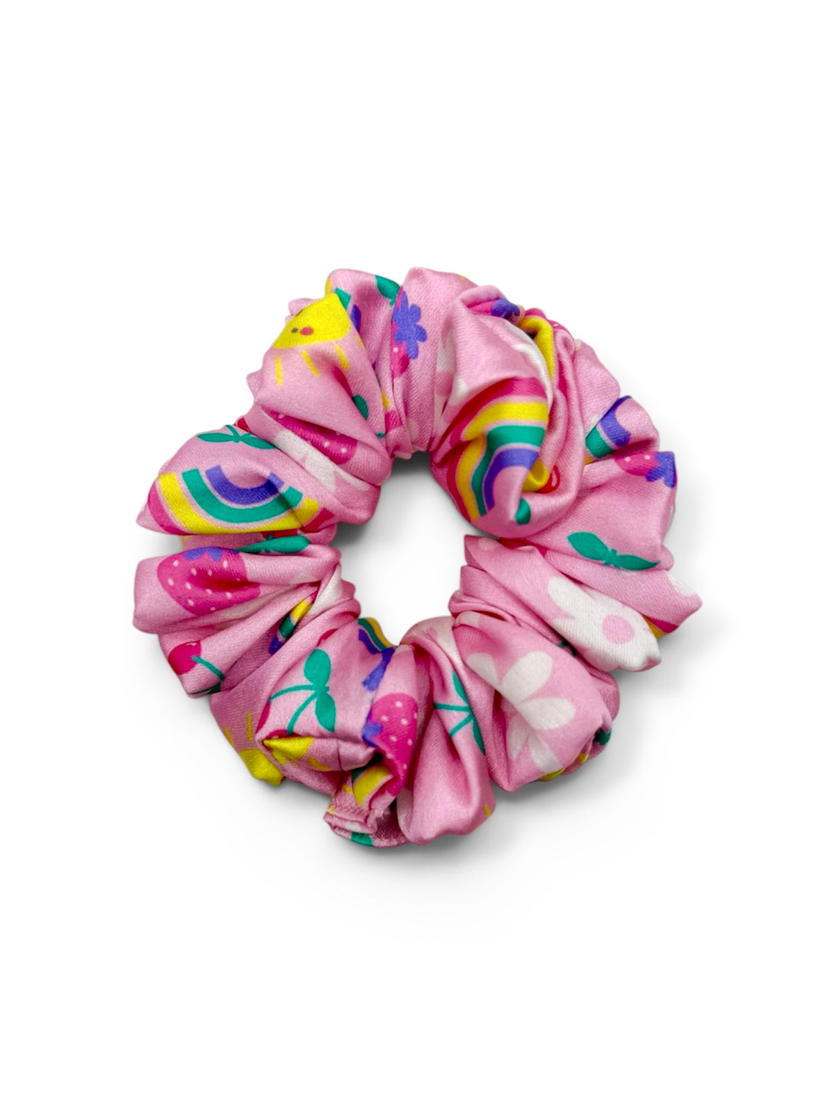 Rainbow Blossom kids pink rainbow satin hair scrunchie handmade by The Hairloom Co. Canberra Australia