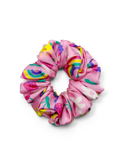 Rainbow Blossom kids pink rainbow satin hair scrunchie handmade by The Hairloom Co. Canberra Australia