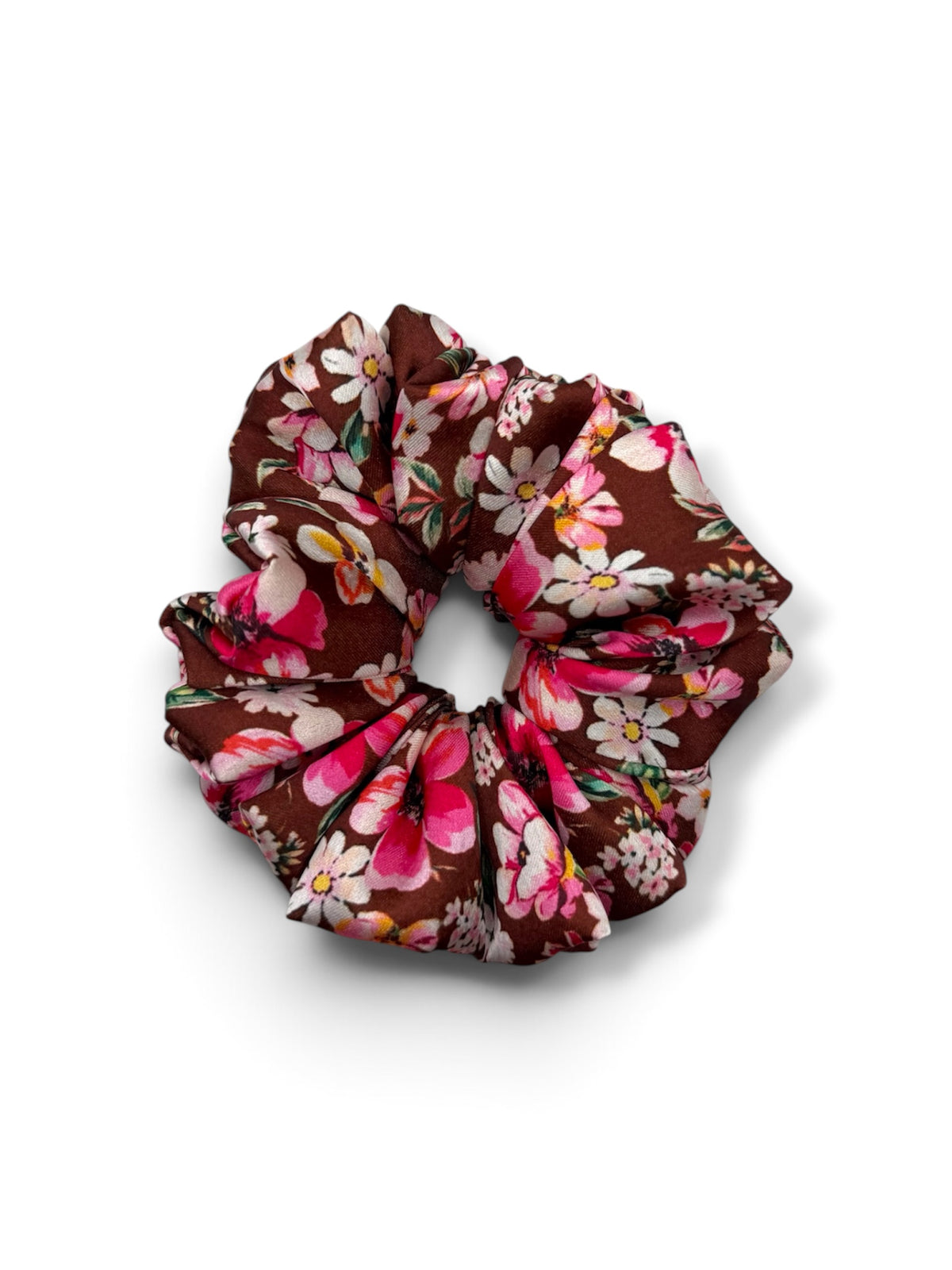 Cocoa Garden | Brown Floral Satin Scrunchie