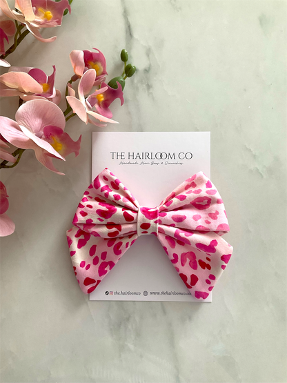 Pink leopard print sailor hair bow in hot pink and blush with alligator clip — handmade by The Hairloom Co. Canberra Australia