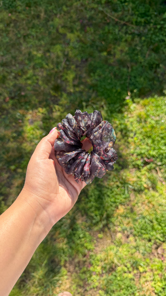 Midnight Garden black floral organza scrunchie handmade by The Hairloom Co. Canberra Australia