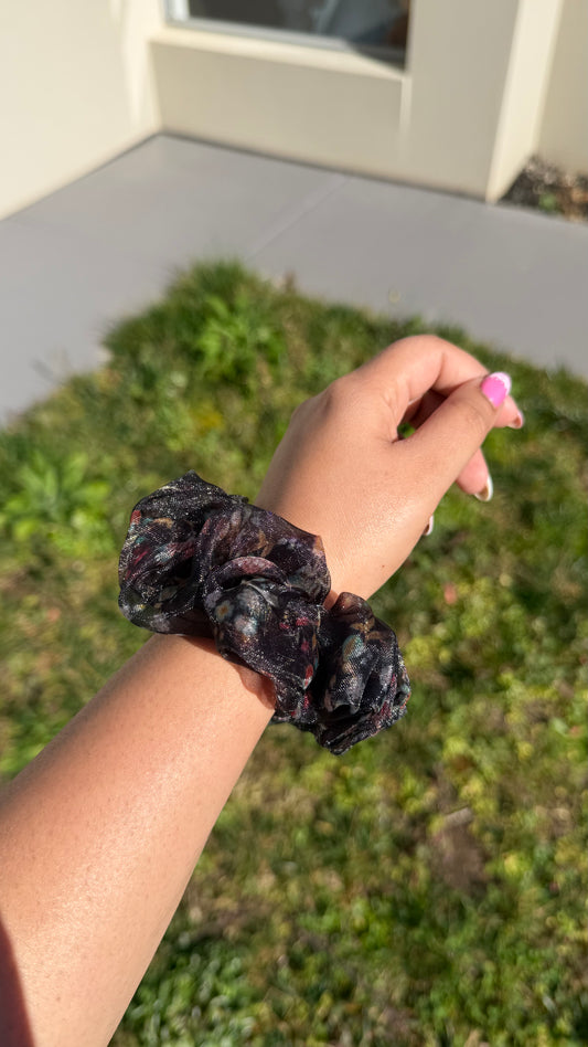 Midnight Garden black floral organza scrunchie handmade by The Hairloom Co. Canberra Australia