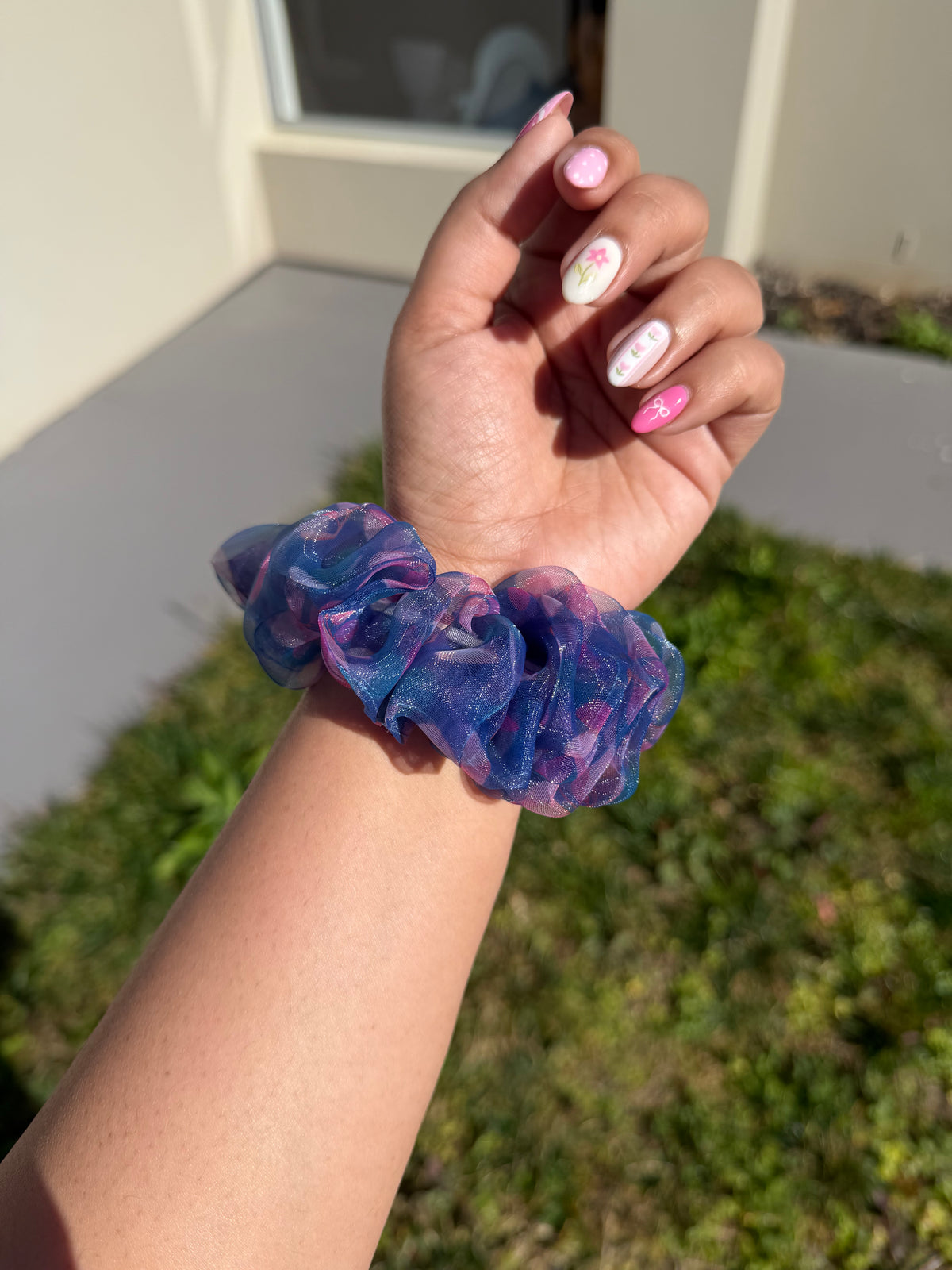 Wisteria blue floral organza scrunchie handmade by The Hairloom Co. Canberra Australia