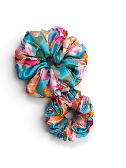 Summer Bloom | Teal Floral Satin Scrunchie