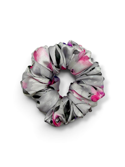 Moonlit Bloom | Grey Floral Satin Scrunchie