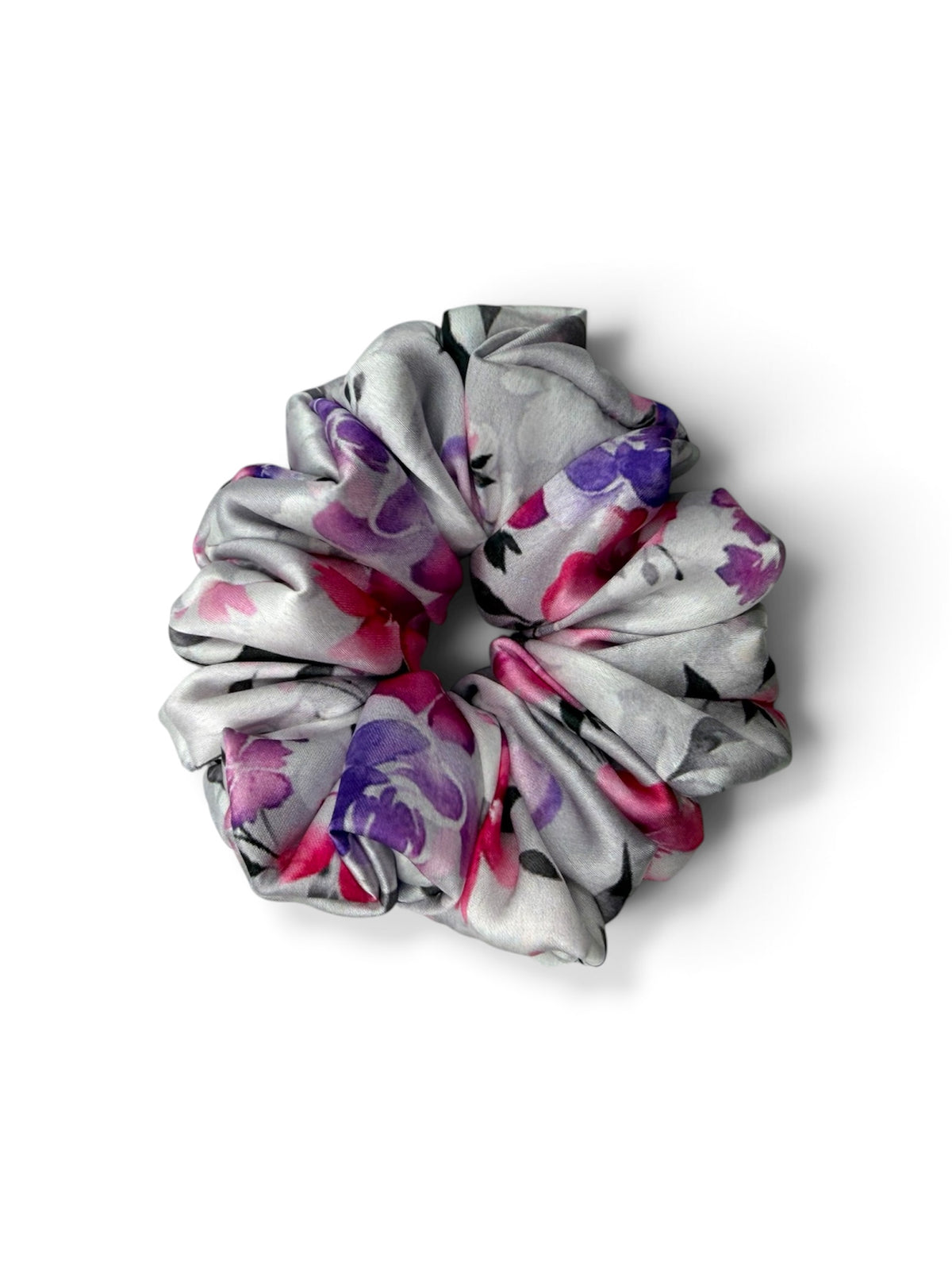 Moonlit Bloom | Grey Floral Satin Scrunchie