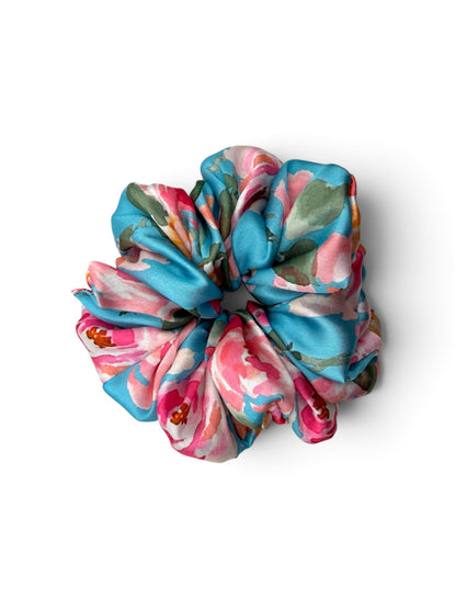 Summer Bloom | Teal Floral Satin Scrunchie