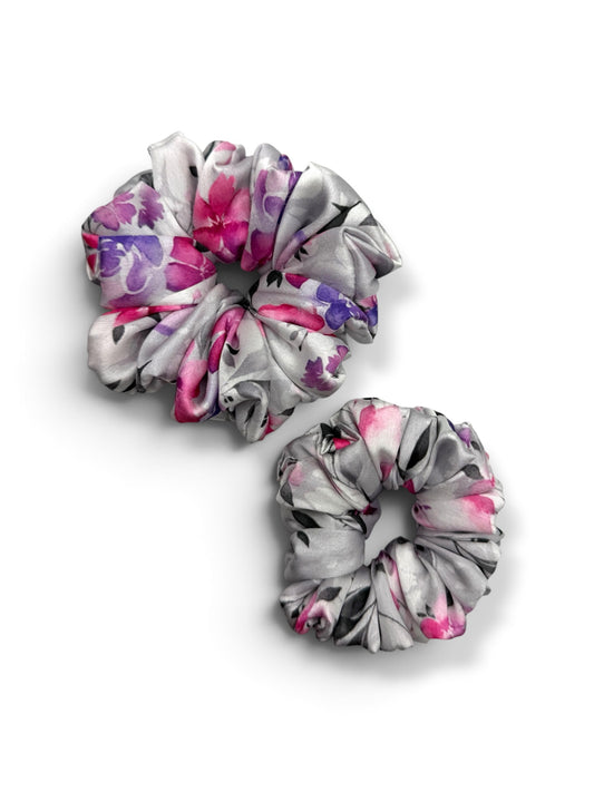 Moonlit Bloom | Grey Floral Satin Scrunchie