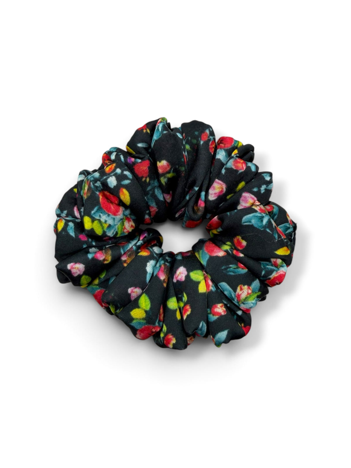 Dark Garden | Black Floral Satin Scrunchie