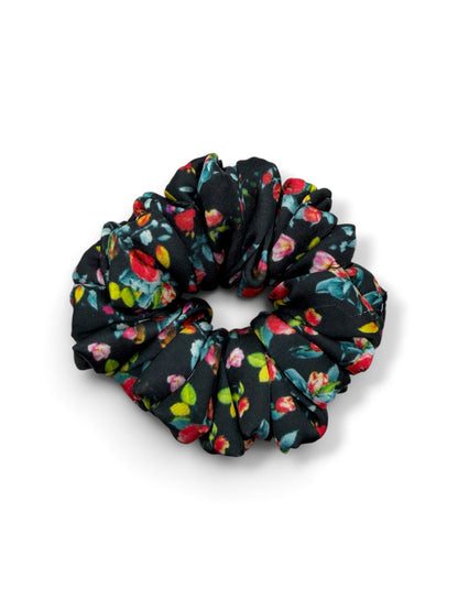 Dark Garden | Black Floral Satin Scrunchie
