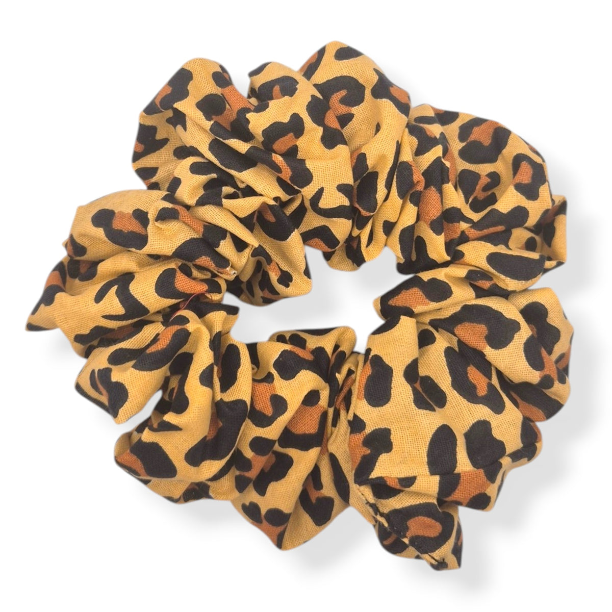 Sahara leopard print cotton scrunchie in golden tan and black — handmade by The Hairloom Co. Canberra Australia