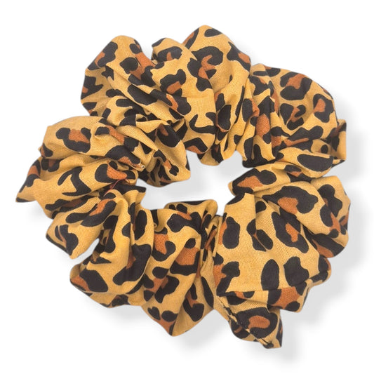 Sahara leopard print cotton scrunchie in golden tan and black — handmade by The Hairloom Co. Canberra Australia