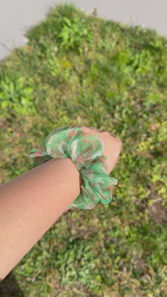 Garden Bloom | Green Floral Organza Scrunchie