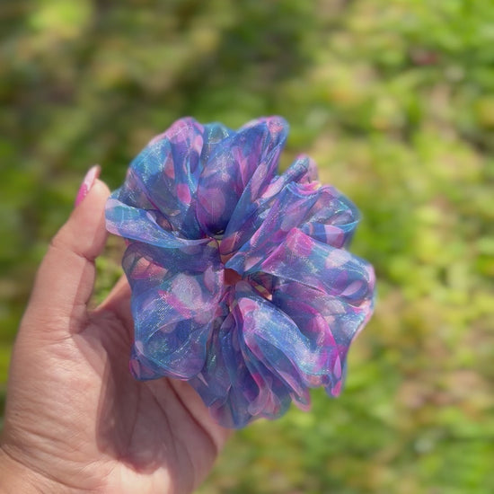 Wisteria blue floral organza scrunchie handmade by The Hairloom Co. Canberra Australia