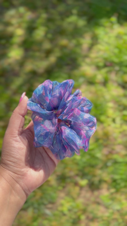Wisteria blue floral organza scrunchie handmade by The Hairloom Co. Canberra Australia