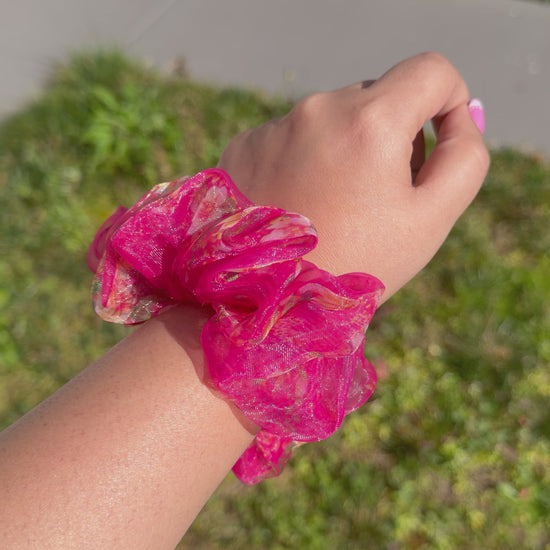 Peony pink floral organza scrunchie handmade by The Hairloom Co. Canberra Australia