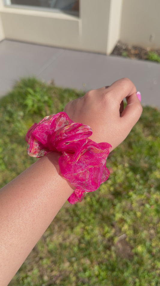 Peony pink floral organza scrunchie handmade by The Hairloom Co. Canberra Australia