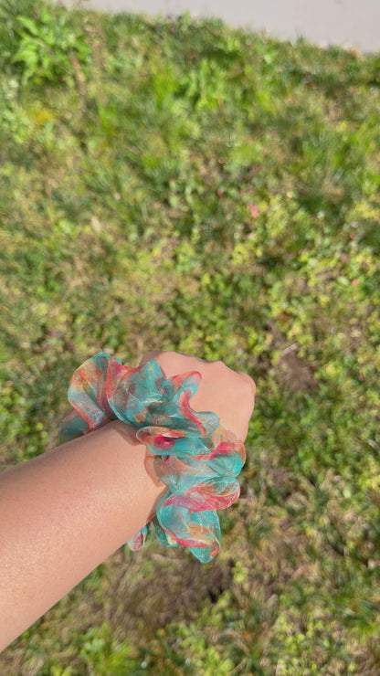 Tropical Bloom | Teal Floral Organza Scrunchie