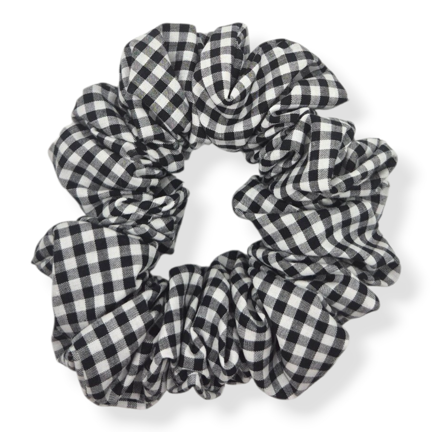 Willow black and white gingham cotton scrunchie in three sizes on wrist — handmade by The Hairloom Co. Canberra Australia