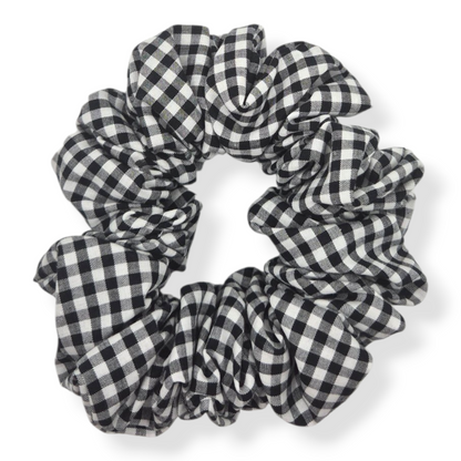 Willow black and white gingham cotton scrunchie in three sizes on wrist — handmade by The Hairloom Co. Canberra Australia