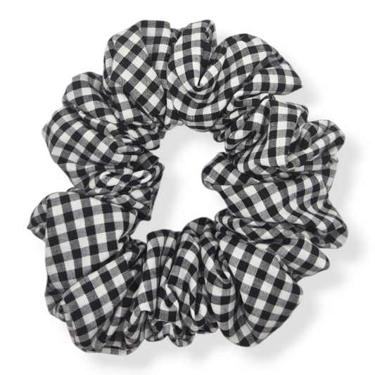 Willow black and white gingham cotton scrunchie in three sizes on wrist — handmade by The Hairloom Co. Canberra Australia