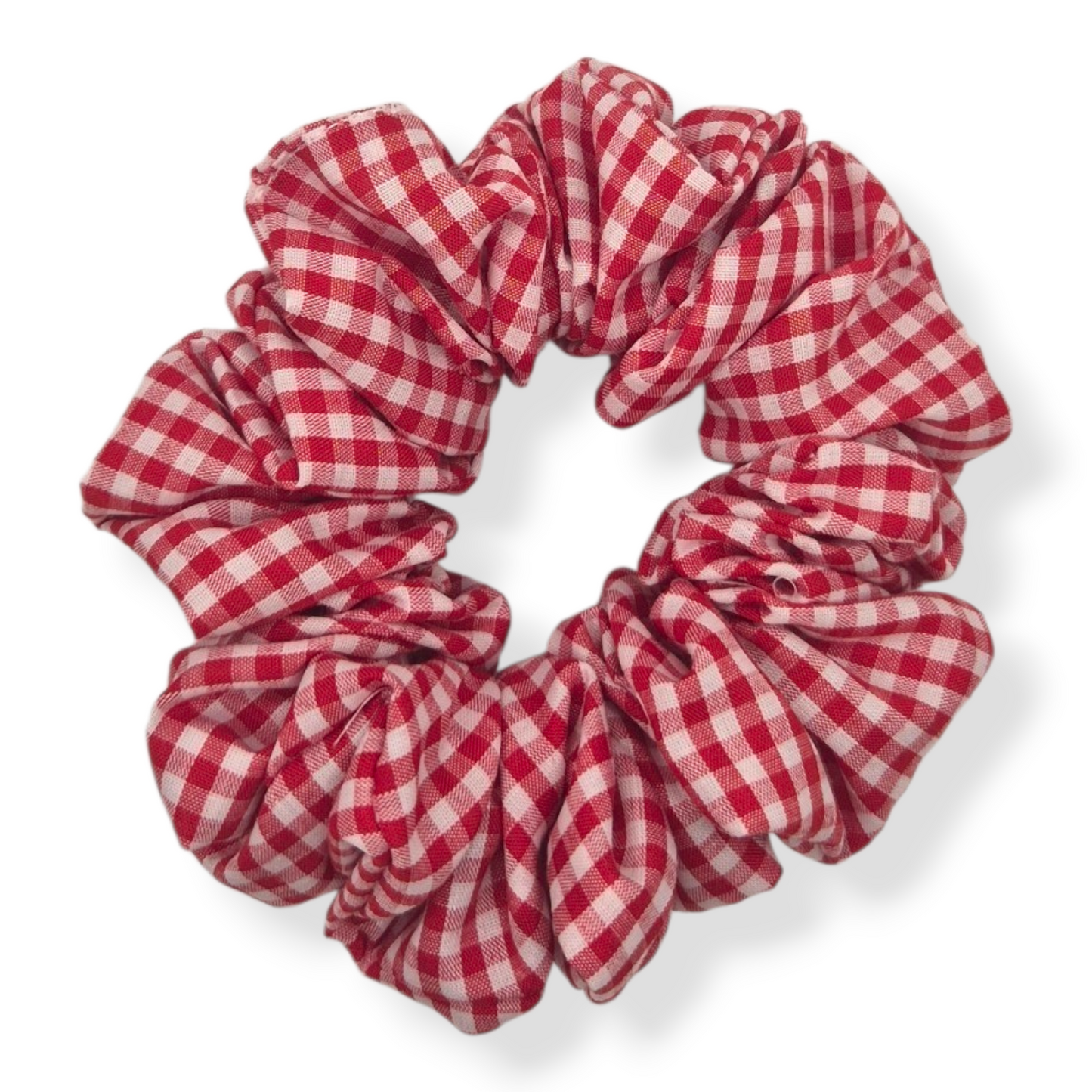 Picnic red and white gingham cotton scrunchie in three sizes on wrist — handmade by The Hairloom Co. Canberra Australia