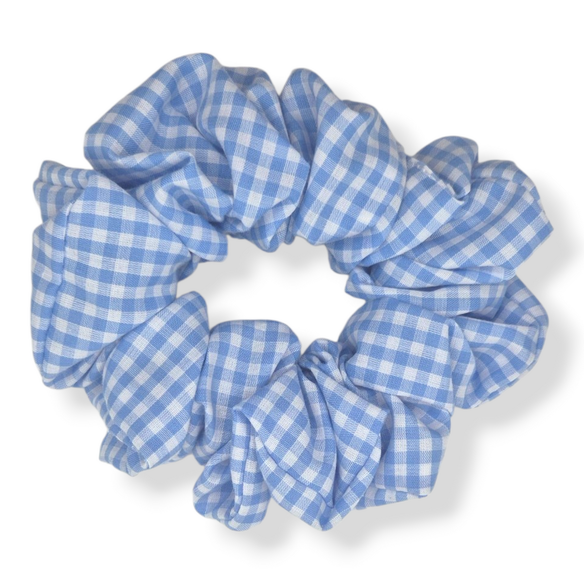 Meadow sky blue gingham cotton scrunchie in three sizes on wrist — handmade by The Hairloom Co. Canberra Australia