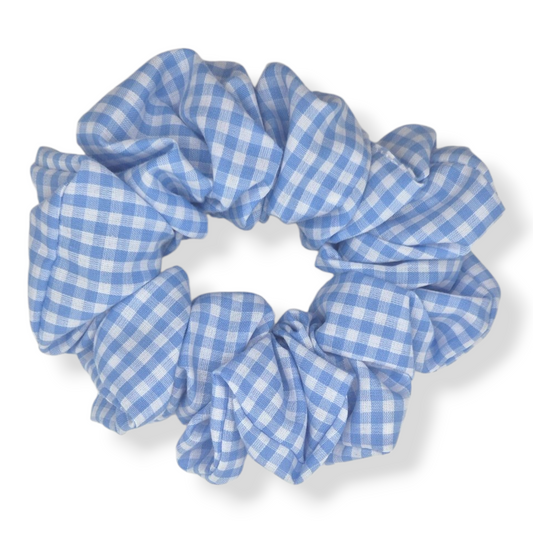 Meadow sky blue gingham cotton scrunchie in three sizes on wrist — handmade by The Hairloom Co. Canberra Australia