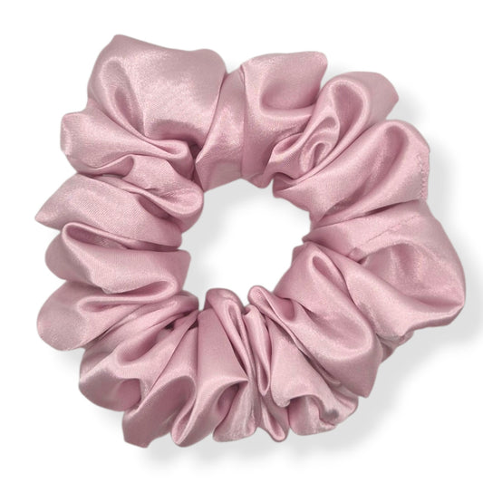Blush pink satin scrunchie in three sizes — Sleek, Classic and Statement — handmade by The Hairloom Co. Canberra Australia